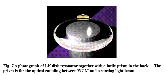 �e�L�X�g �{�b�N�X:  

Fig. 7 A photograph of LN disk resonator together with a lutile prism in the back.  The prism is for the optical coupling between WGM and a sensing light beam..
